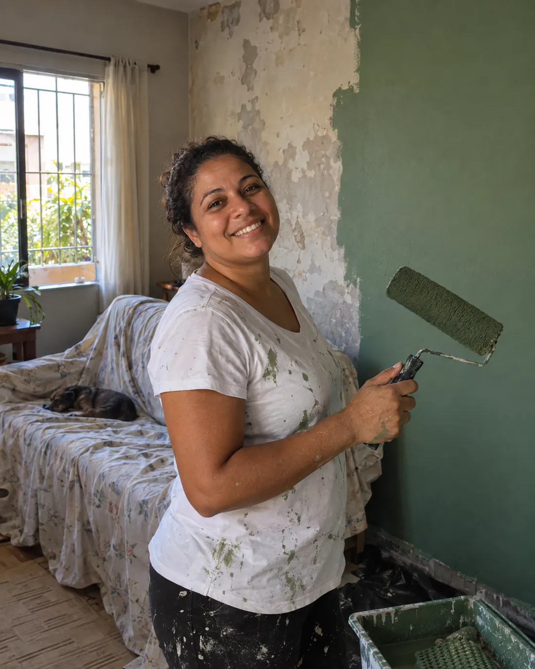 Mulher sorrindo em casa com rolo de pintura, parede meio pintada ao fundo